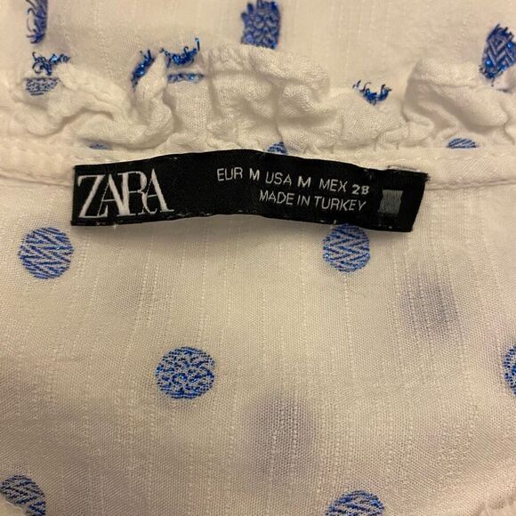Zara White and Blue Metallic Polkadot Long Sleeve Button Down Top Sz M - Picture 10 of 13